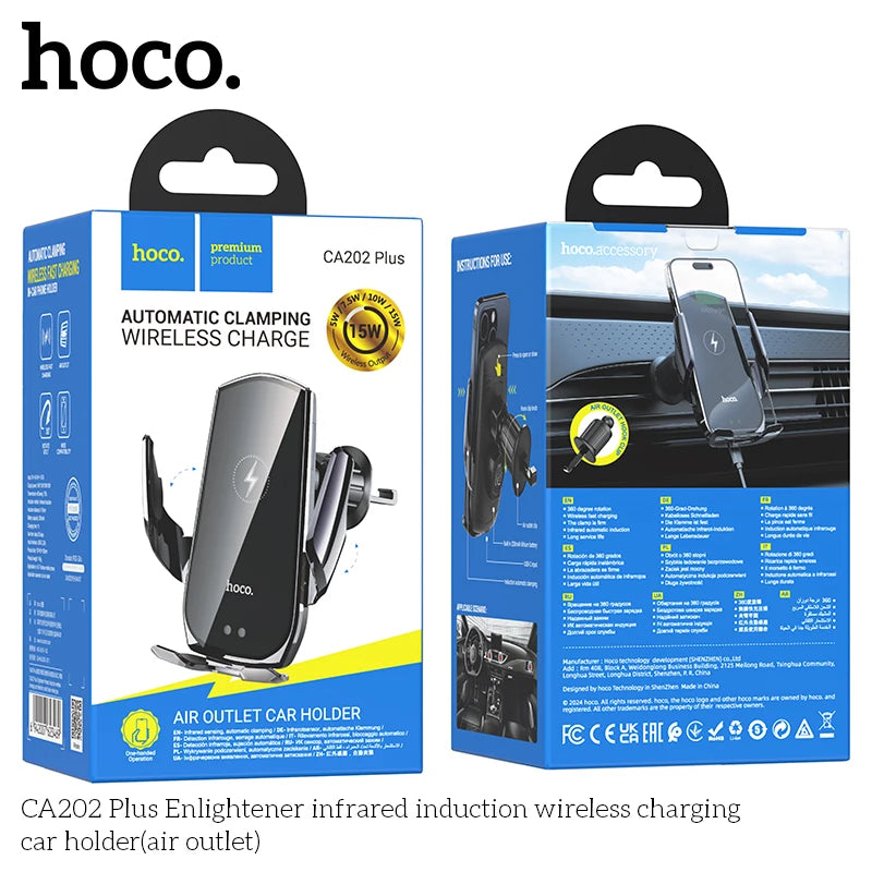 HOCO CA202 Wireless Car Charger Mount – Auto-Clamp Air Vent Holder