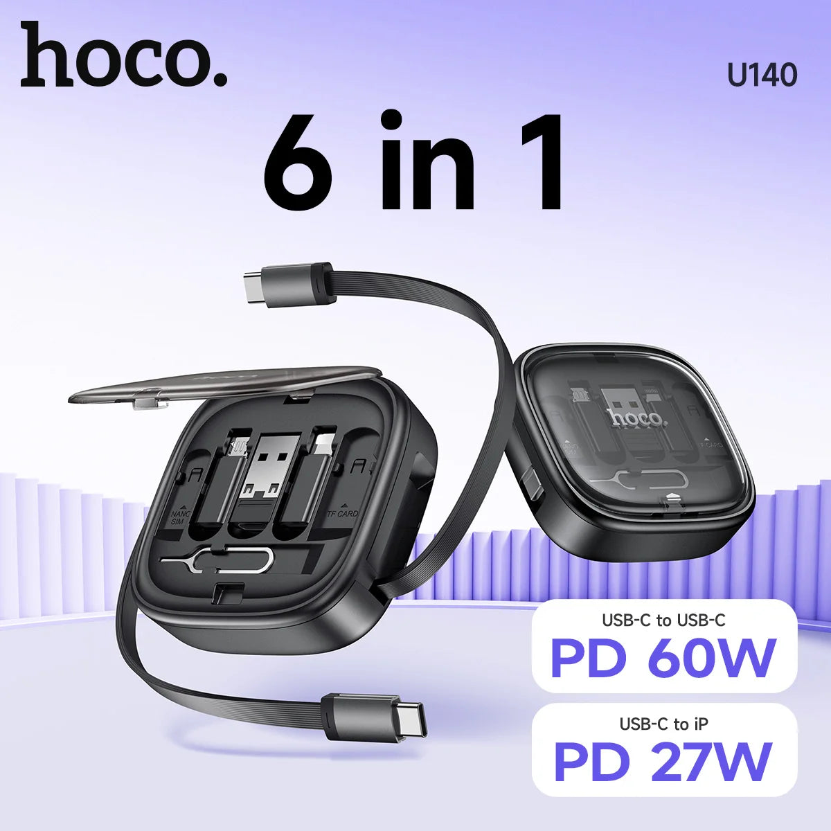 HOCO U140 6-in-1 Retractable Charging Cable Kit 60W