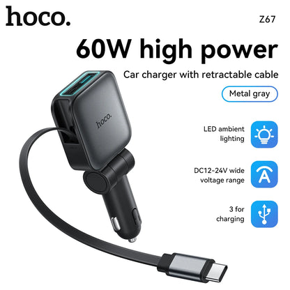 HOCO Z67 60W Retractable USB-C Car Charger