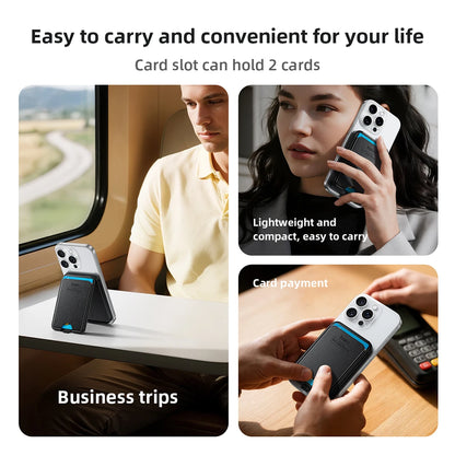 Product advertisement showing a phone case with card slot, suitable for business trips and card payments.