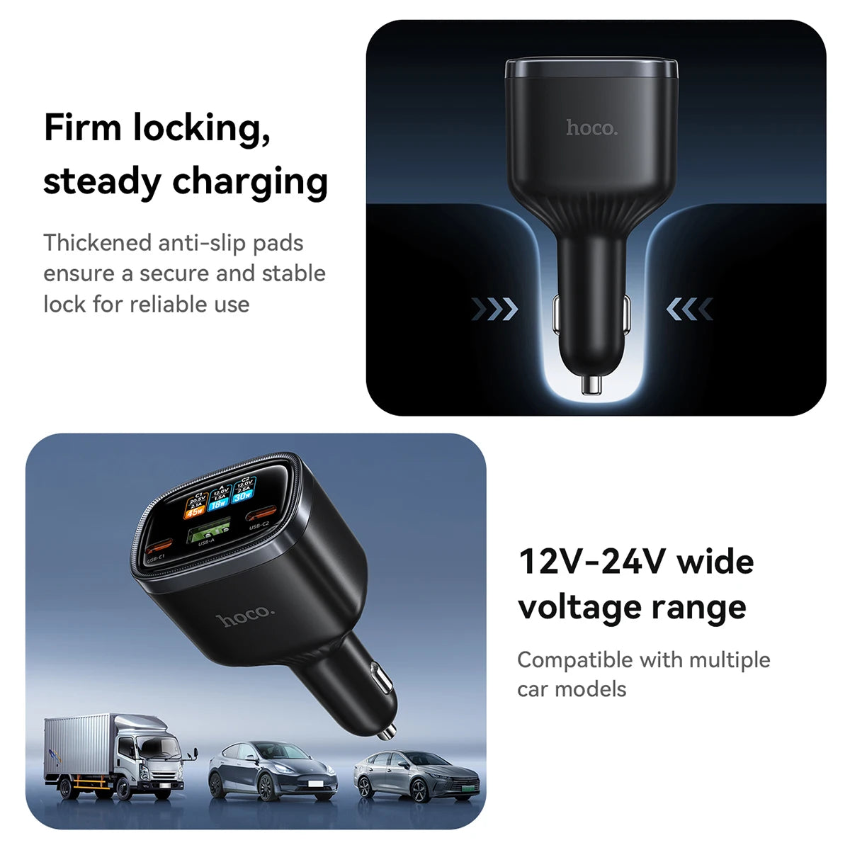 HOCO Z70 93W 3-Port Car Charger with TFT Display