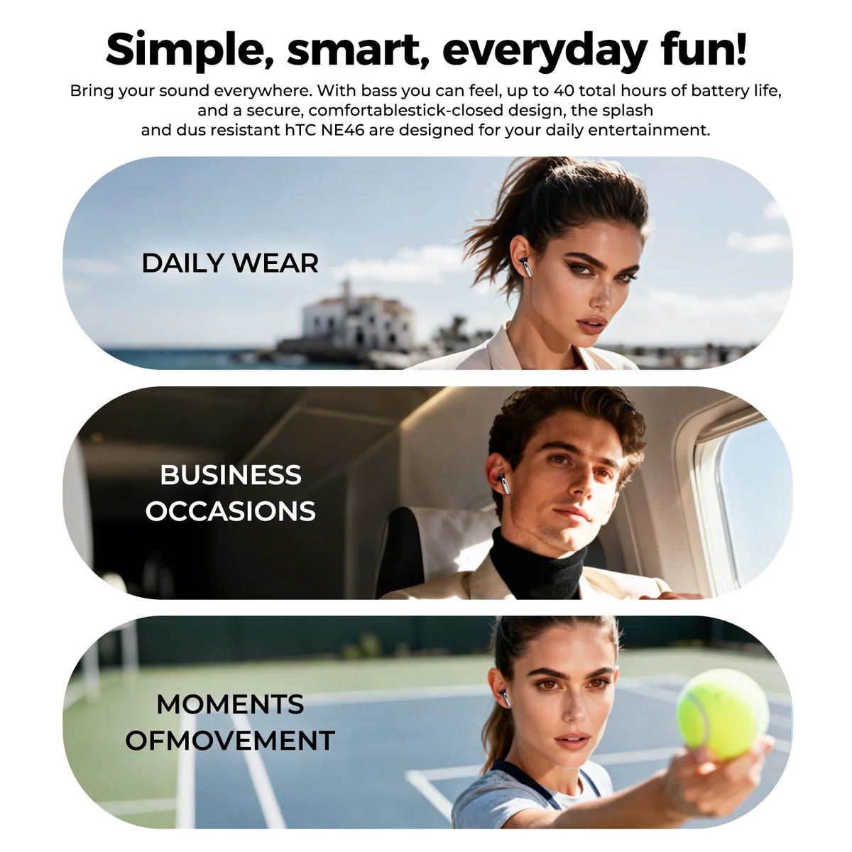 HTC NE46 AI Translation Smart Earbuds with Heart Rate Monitoring
