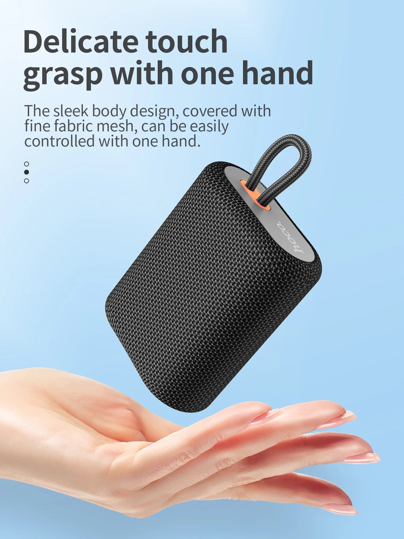 Black portable speaker held in a hand with text about its design and control ease.