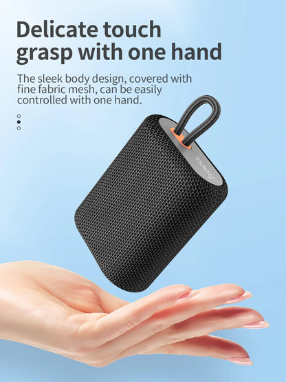 Black portable speaker held in a hand with text about its design and control ease.