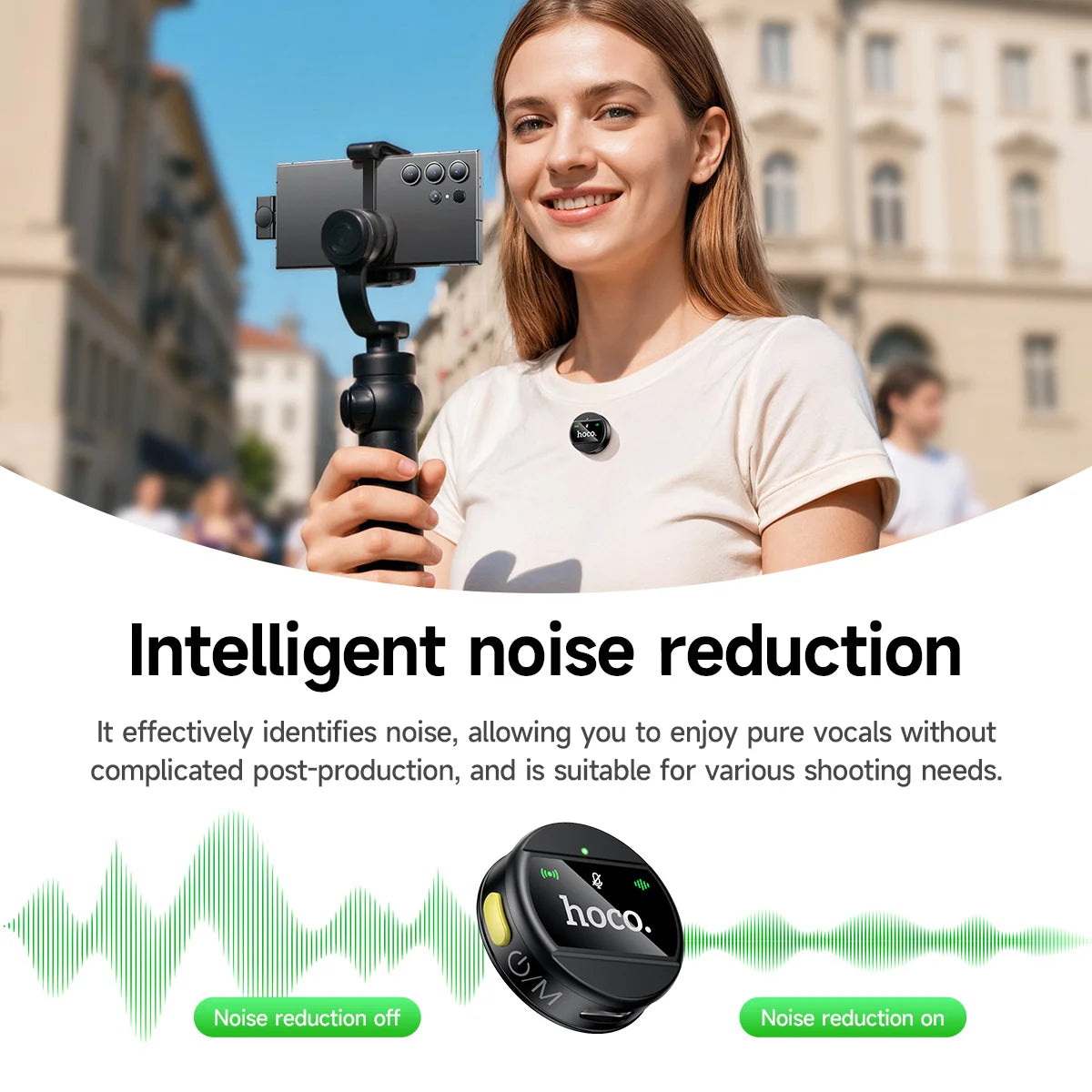 Person holding a smartphone with a gimbal stabilizer in an urban setting, with text about intelligent noise reduction.