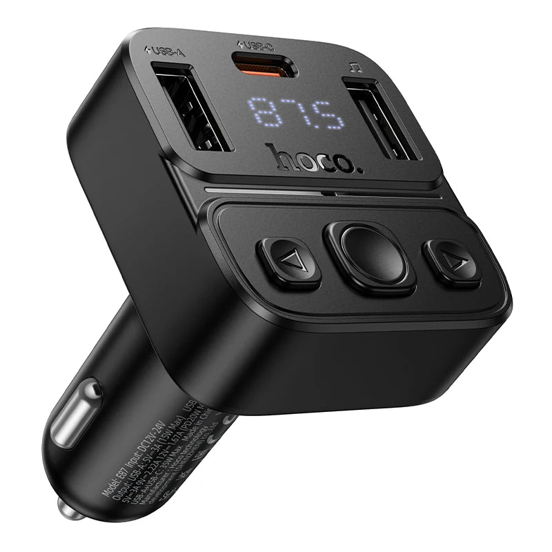 Black car charger with digital display and multiple ports on a white background