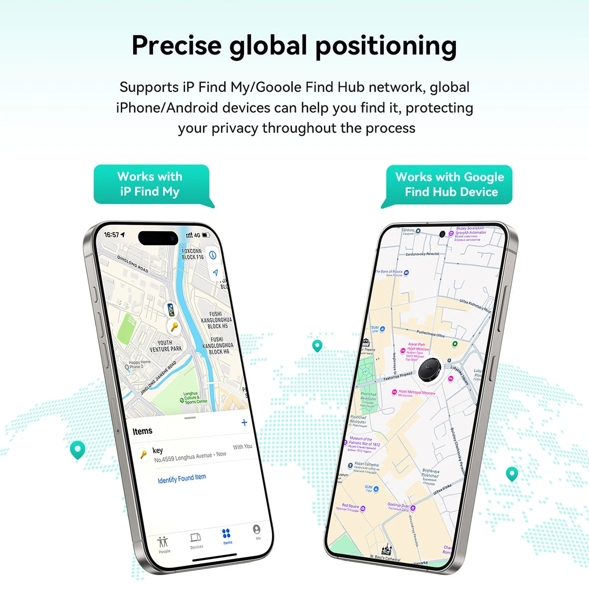 Two smartphones displaying maps with location services on a light blue background.