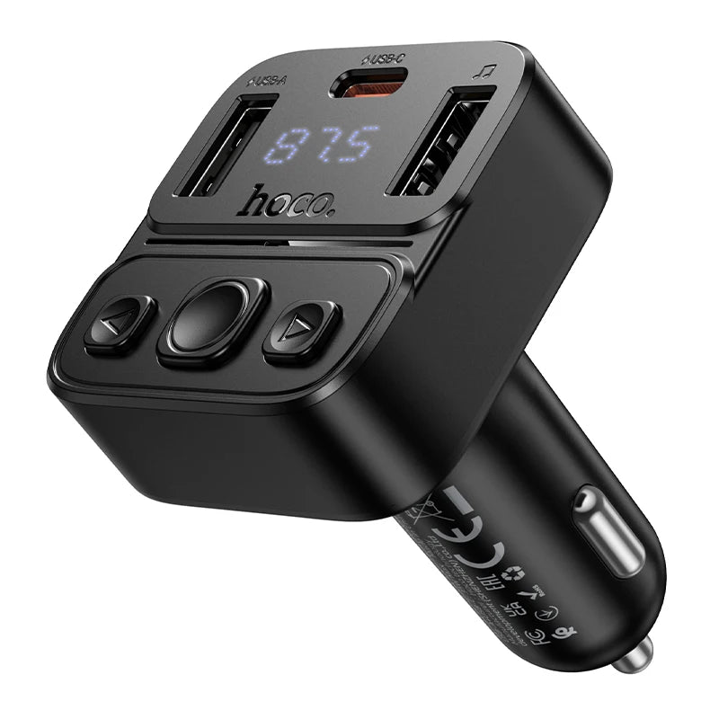 Black car charger with digital display on a white background