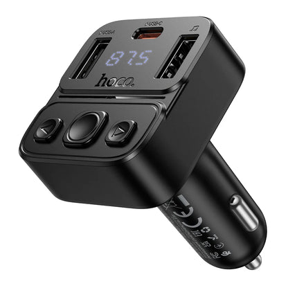 Black car charger with digital display on a white background