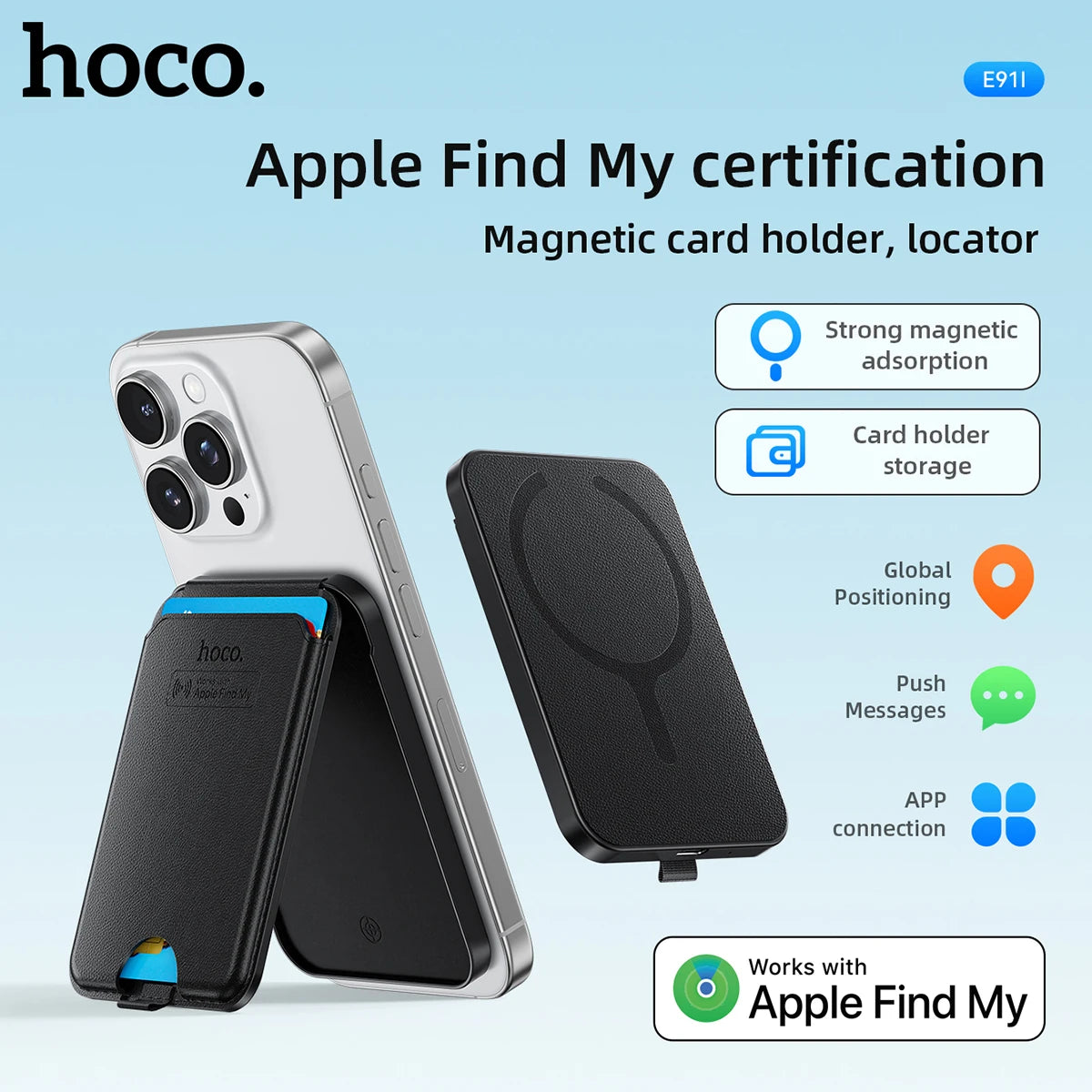 Magnetic card holder with Apple Find My certification on a light blue background
