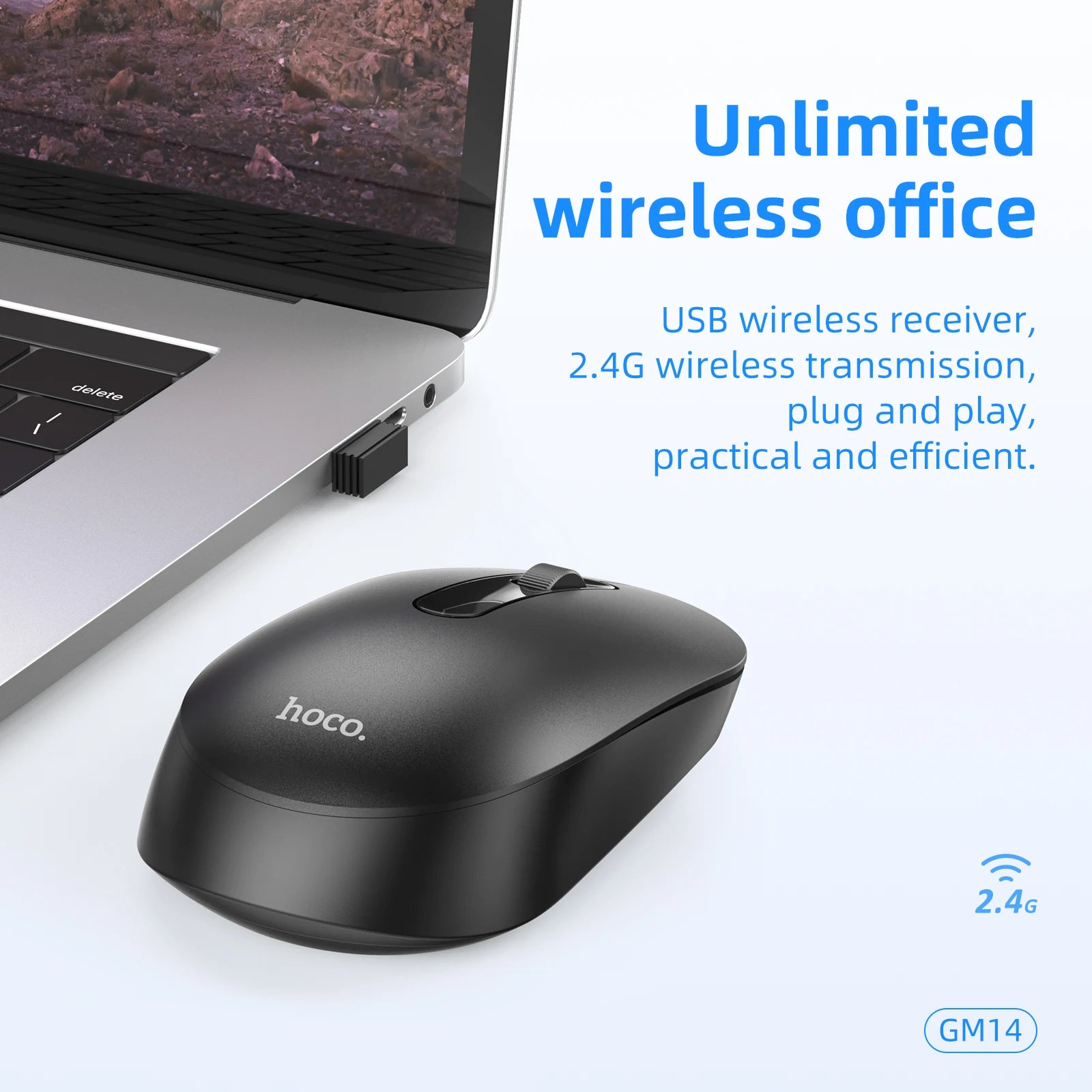 Black wireless mouse next to a laptop with product features text on a white background