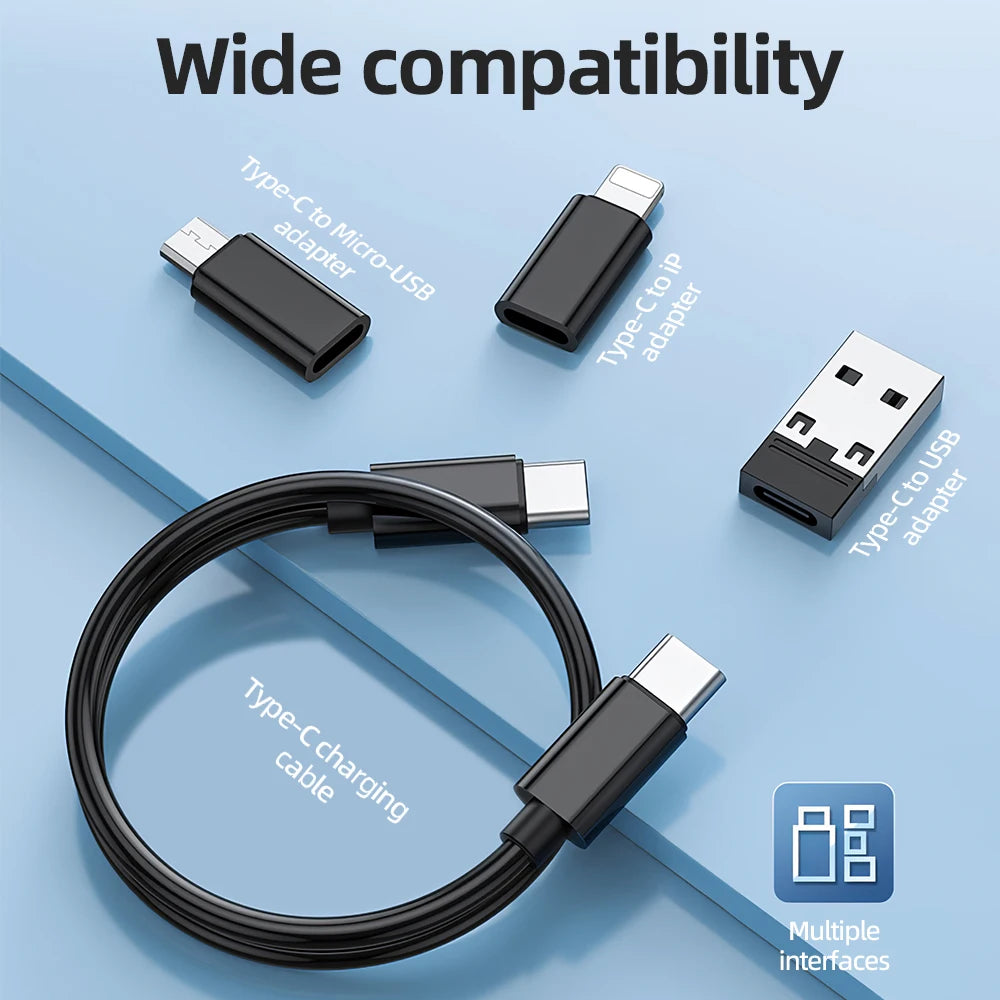 Set of USB adapters and charging cable on a blue background with text 'Wide compatibility'.