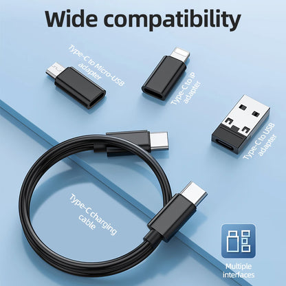 Set of USB adapters and charging cable on a blue background with text 'Wide compatibility'.