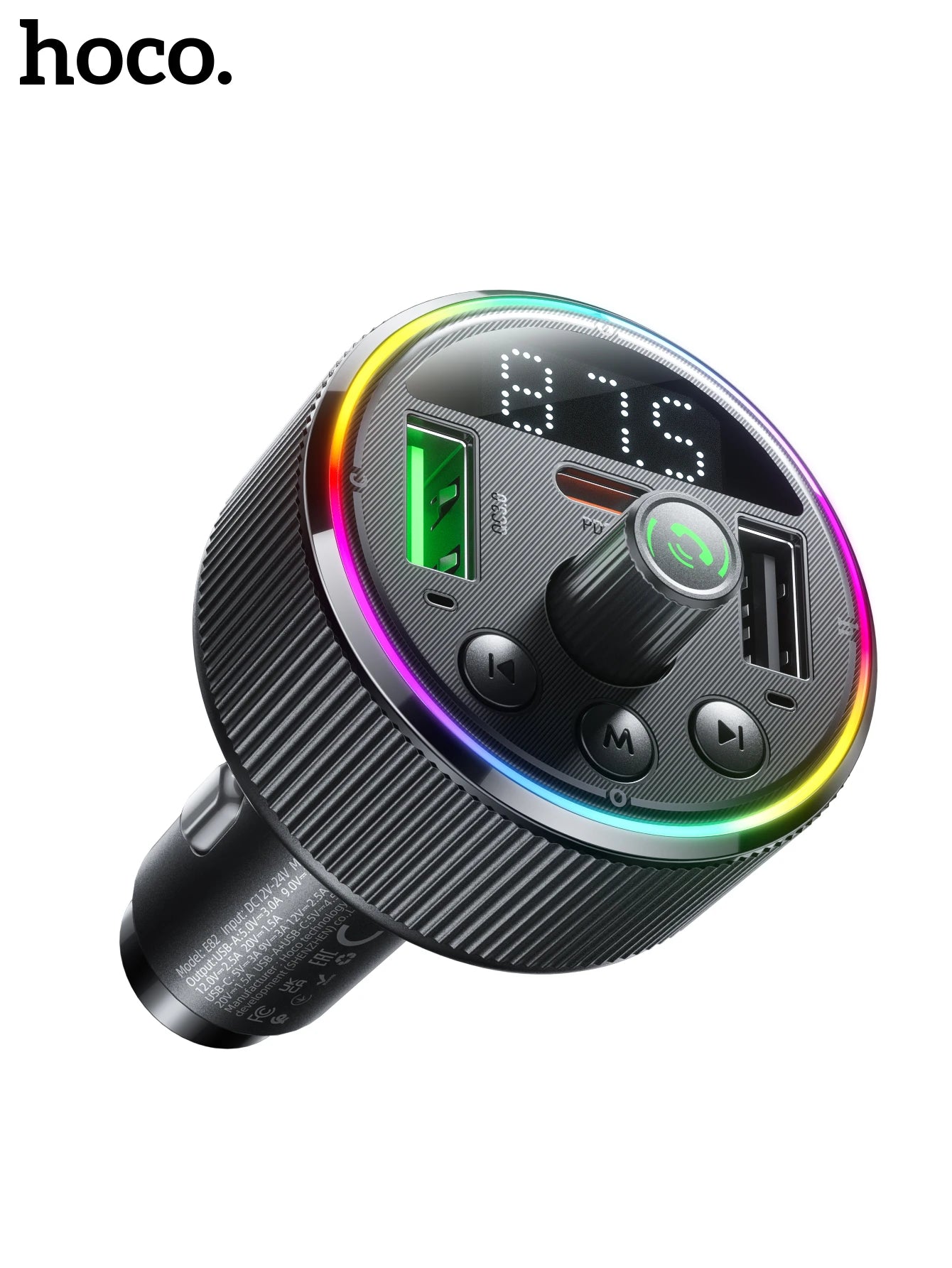 Car charger with digital display and colorful LED ring on a white background, featuring the brand 'hoco'.
