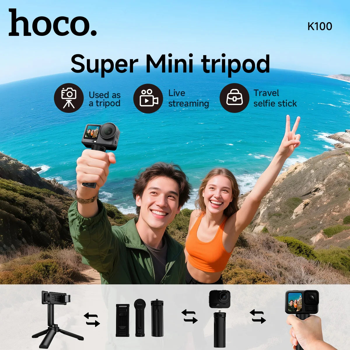 HOCO K100 3-in-1 Mini Tripod for Smartphones and Action Cameras