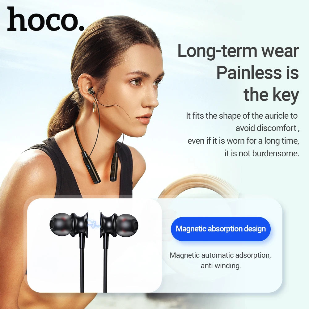 Woman wearing earphones with text about magnetic absorption design and comfort.