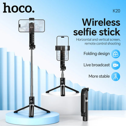 Hoco K20 wireless selfie stick with features listed on a blue background