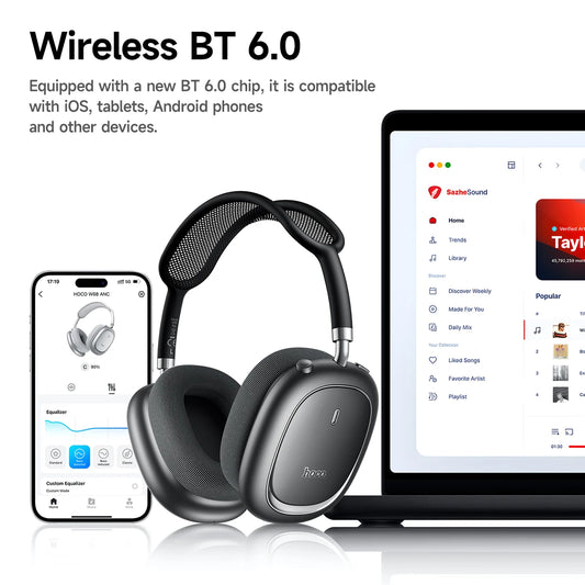 Wireless BT 6.0 headphones with smartphone, tablet, and music app interface on screen.