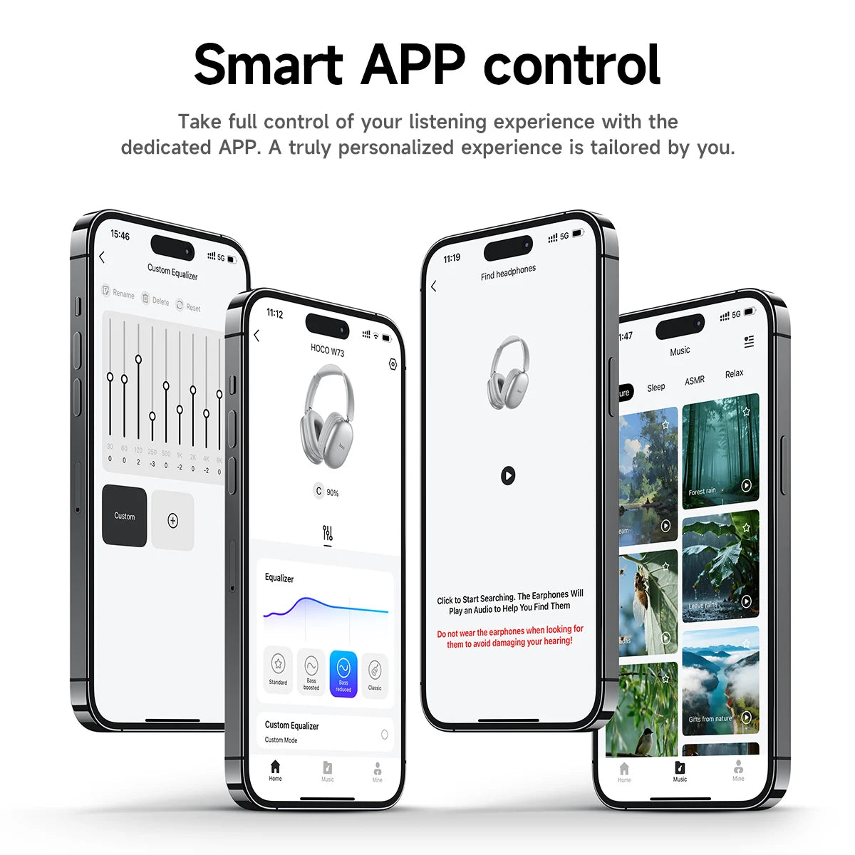 Smart APP control with smartphone screens displaying app interfaces on a white background