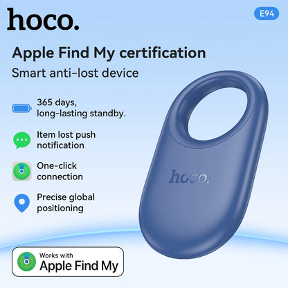Smart anti-lost device with hoco branding and Apple Find My certification on a blue background