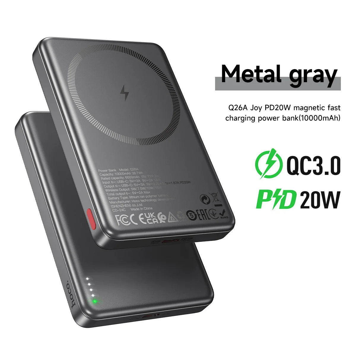 Metal gray power bank with charging indicators on a white background