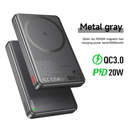 Metal gray power bank with charging indicators on a white background