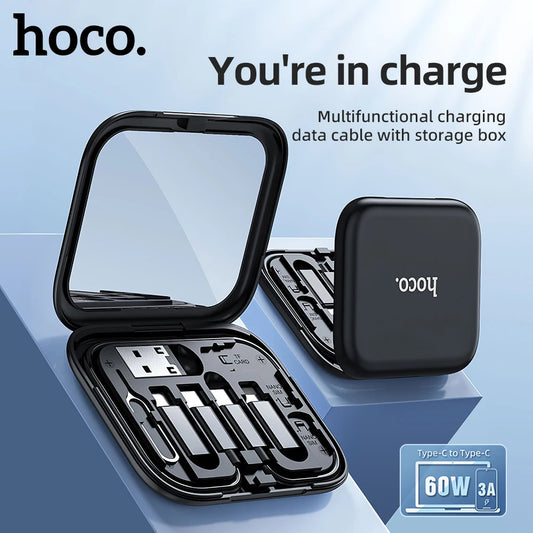 Multifunctional charging data cable with storage box by hoco on a blue background