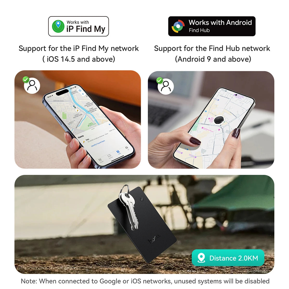 Smartphone app interface with map and keychain tracker, supporting IP Find My and Android Find Hub networks.