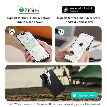 Smartphone app interface with map and keychain tracker, supporting IP Find My and Android Find Hub networks.