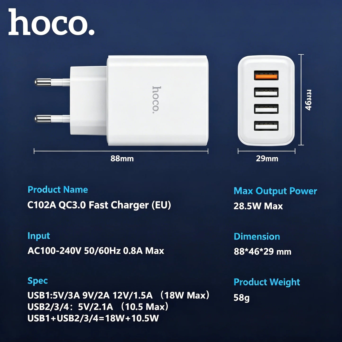 HOCO C102A 4-Port USB Wall Charger QC 3.0 18W