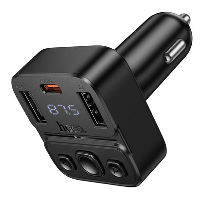 Black car charger with digital display on a white background