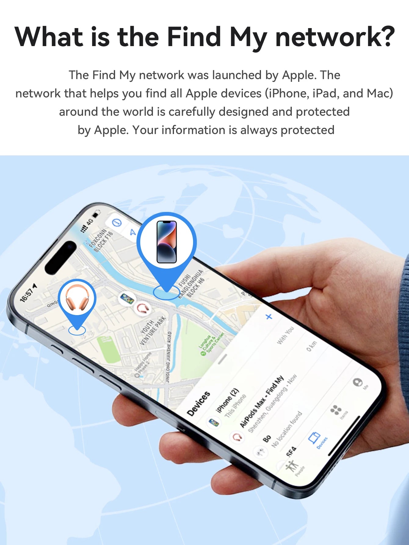 Phone with Find My Network app displayed, held by a hand, on a light blue background.