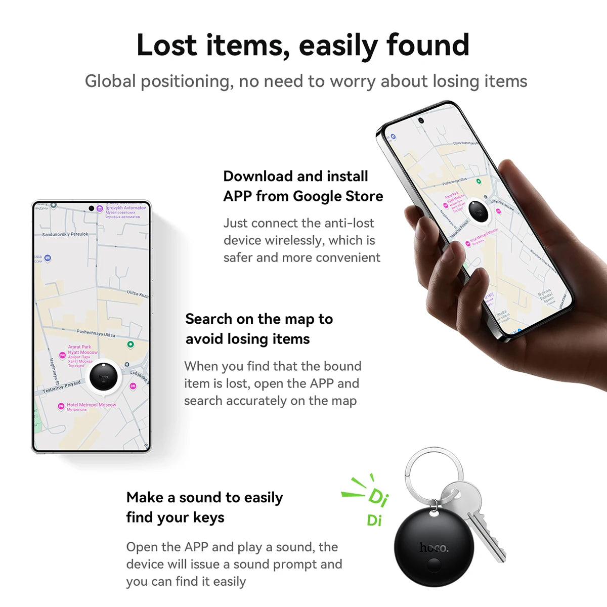 Anti-lost device with smartphone app for locating items, on a white background.