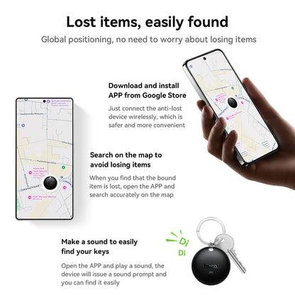 Anti-lost device with smartphone app for locating items, on a white background.
