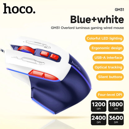 Hoco GM31 gaming mouse with features listed on a white background
