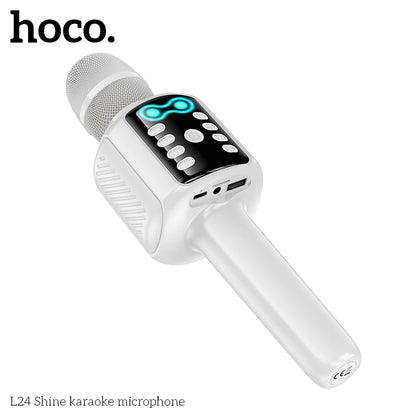 White karaoke microphone with digital display on a white background, featuring the brand 'hoco'.
