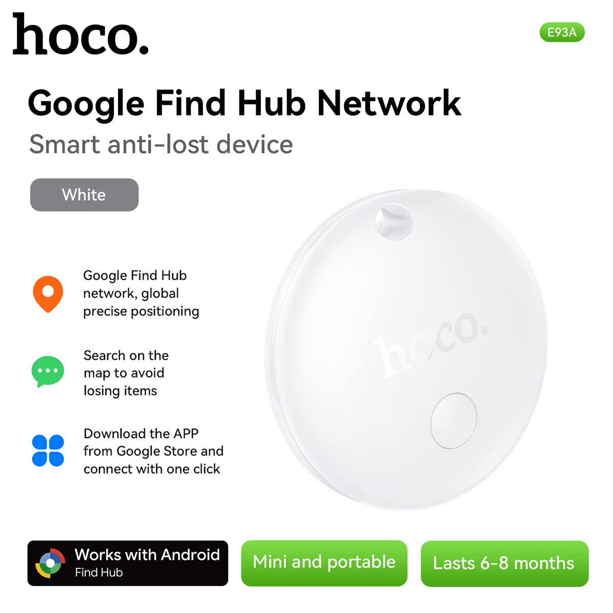 Hoco smart anti-lost device with Google Find Hub network features on a white background
