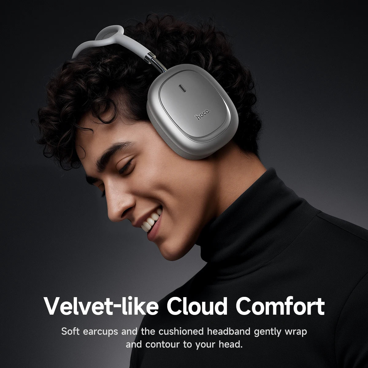 Person wearing wireless headphones with text about comfort and design.