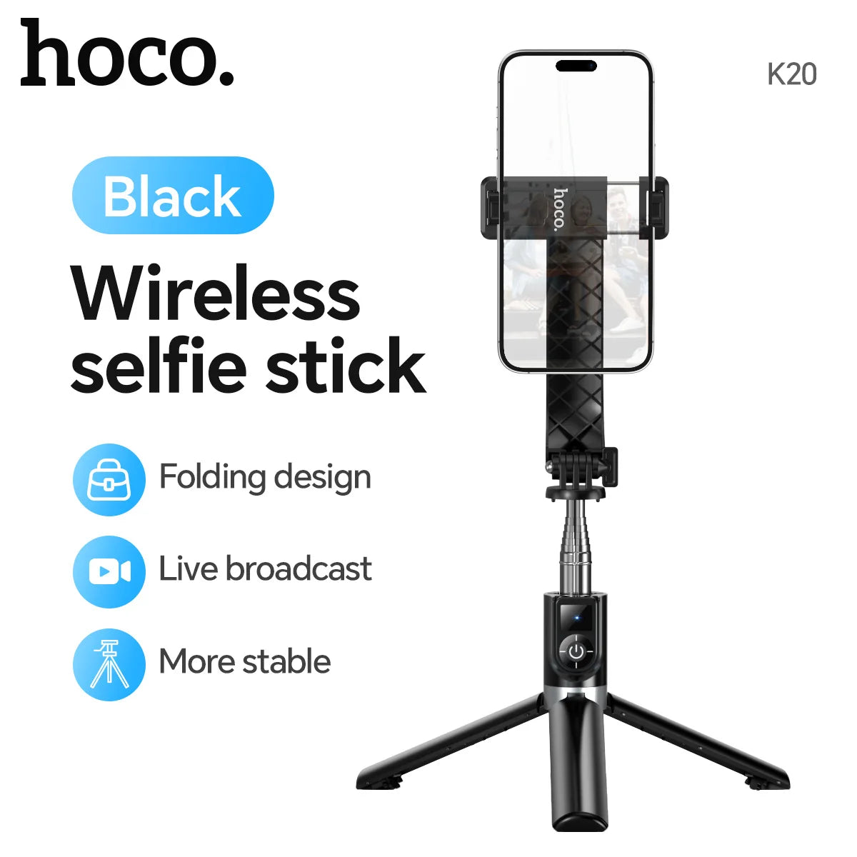 Hoco K20 wireless selfie stick with smartphone holder on a white background