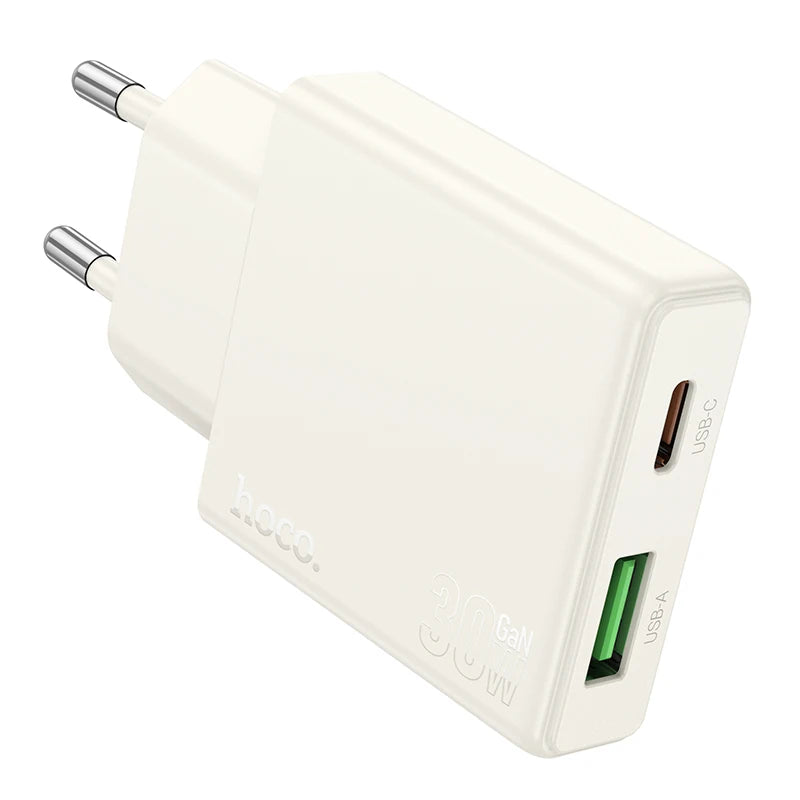 White USB charger with dual ports on a white background