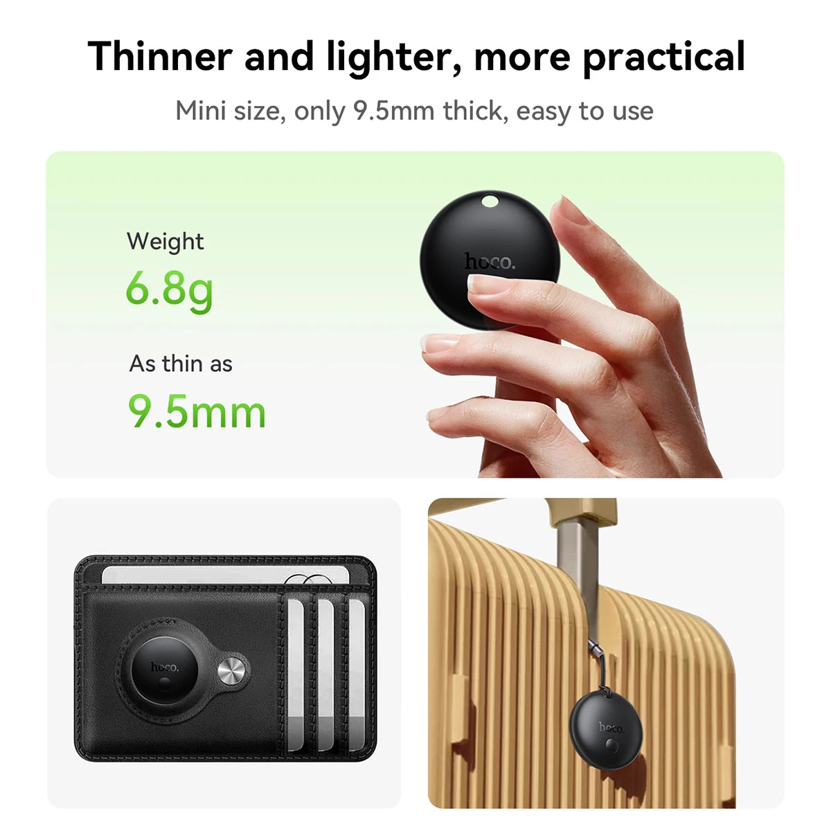 Black device with text highlighting its thinness, weight, and practicality, shown in use on a suitcase and in a hand.
