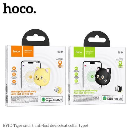 Two packaging boxes for hoco E91D Tiger smart anti-lost device with cat and tiger designs on a white background.