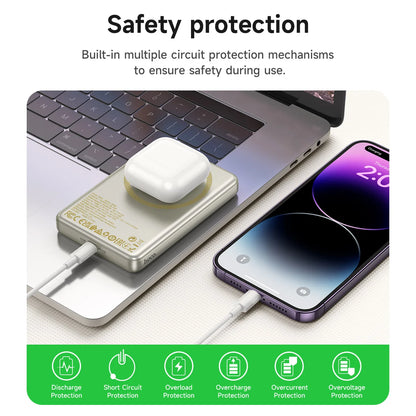 Charging device with laptop and phone, emphasizing safety protection features.