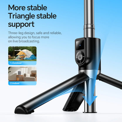 Black tripod with stable triangle support design on a blue background