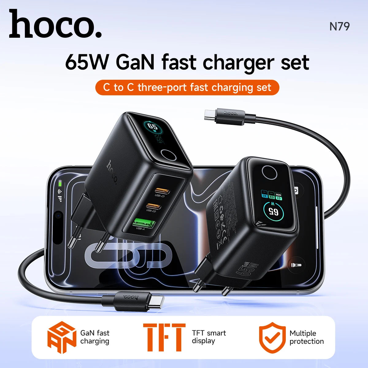 HOCO N79 65W GaN Fast Charger with TFT Display