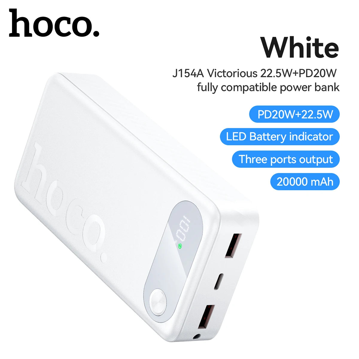 White power bank with specifications on a white background, featuring the brand 'hoco'.