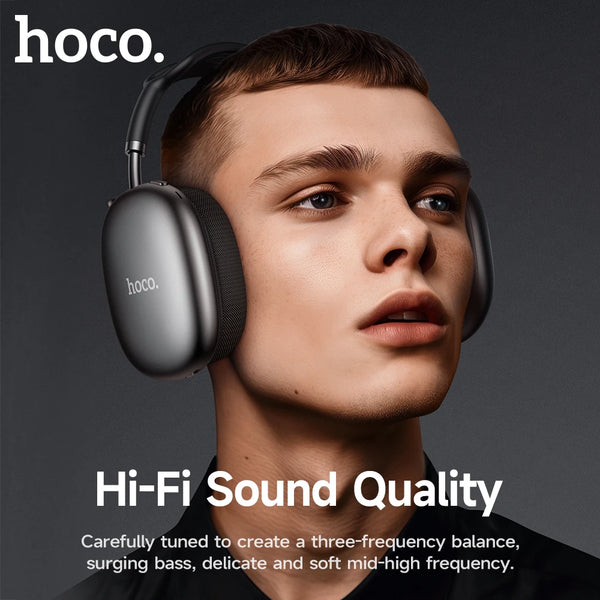 Person wearing hoco headphones with text about Hi-Fi sound quality on a dark background
