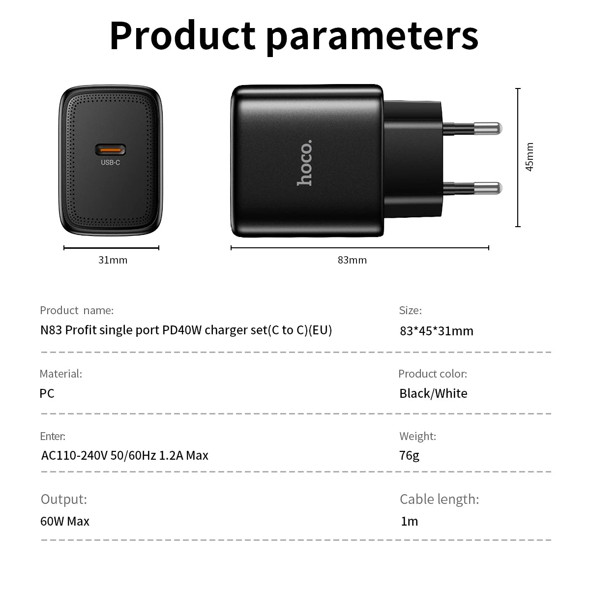 HOCO N83 60W GaN USB-C Charger with USB-C Cable