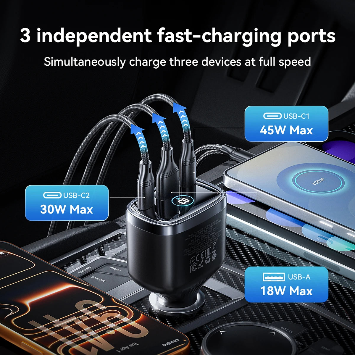 HOCO Z70 93W 3-Port Car Charger with TFT Display