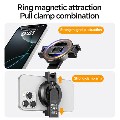 Phone holder with ring magnetic attraction and pull clamp combination on a white background